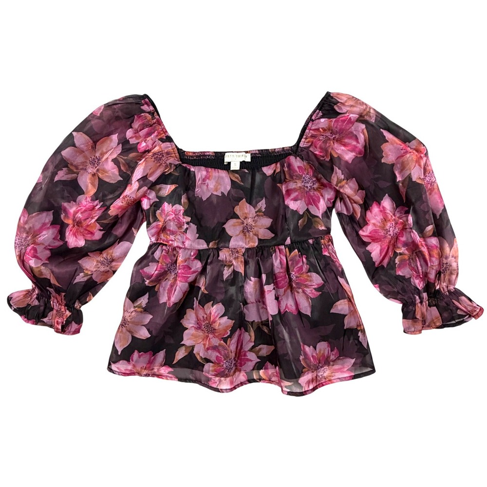 Thirty Thirty LA Floral Puff Sleeve Peplum Top Smocked Back Purple Pink Small
